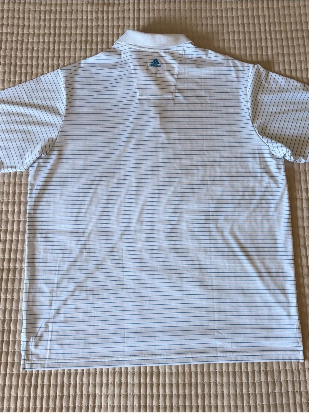 adidas Men’s White Polo with Thin Blue Stripes